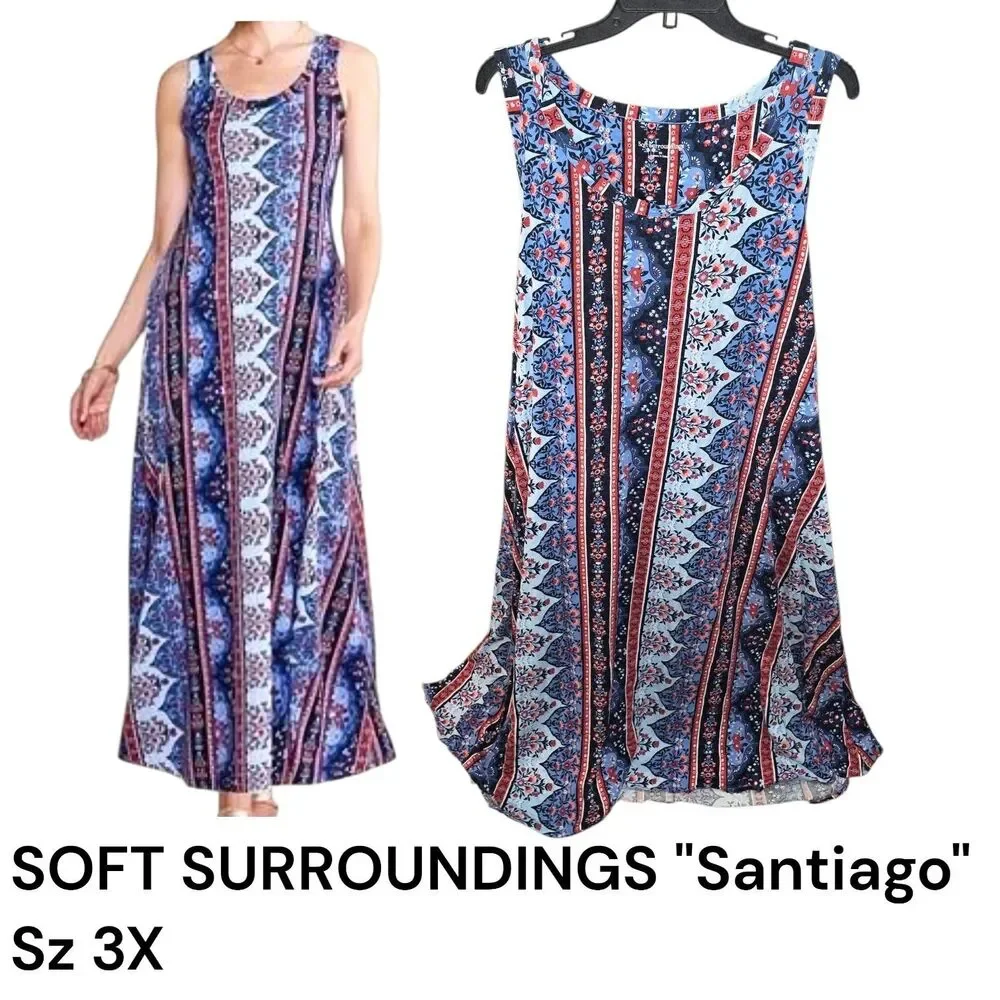 Soft Surroundings Sz 3X Santiago Blue Red Floral Side Pockets Boho Trapeze Dress